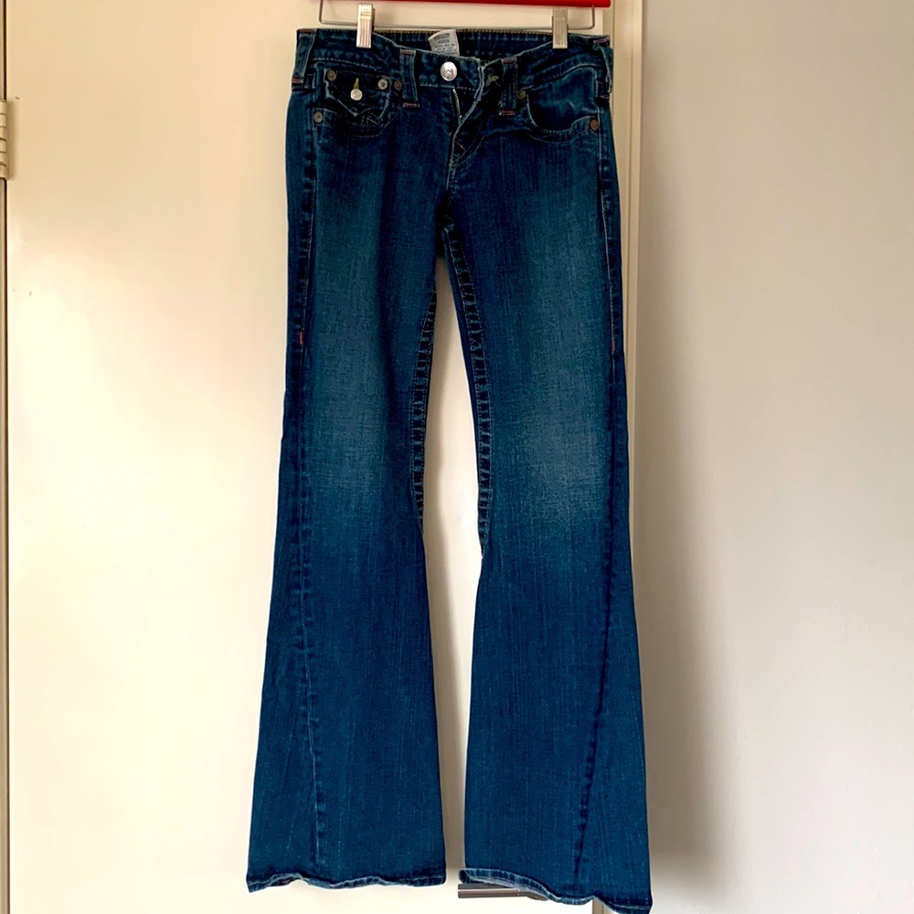 True Religion “Joey” Jeans.  Size 28.  Boot cut, saddle stitch